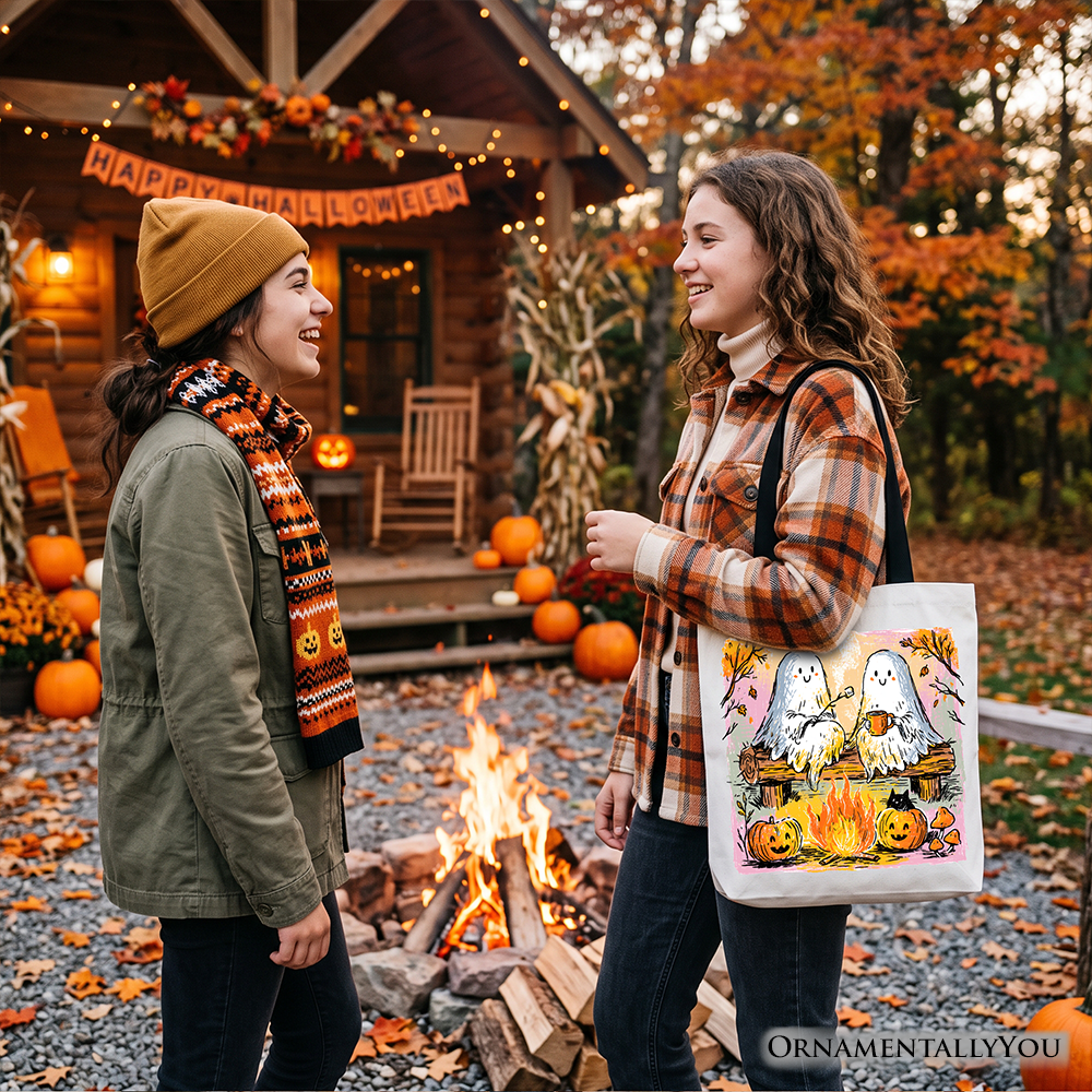 Cozy Campfire Ghosts Tote Bag, Fall Halloween Pumpkin Gift Shopper