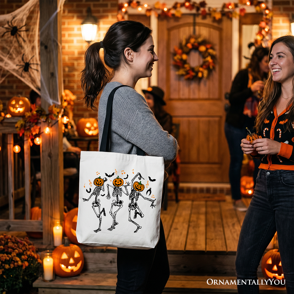 Dancing Skeletons Pumpkin Tote Bag, Halloween Graphic Shopper