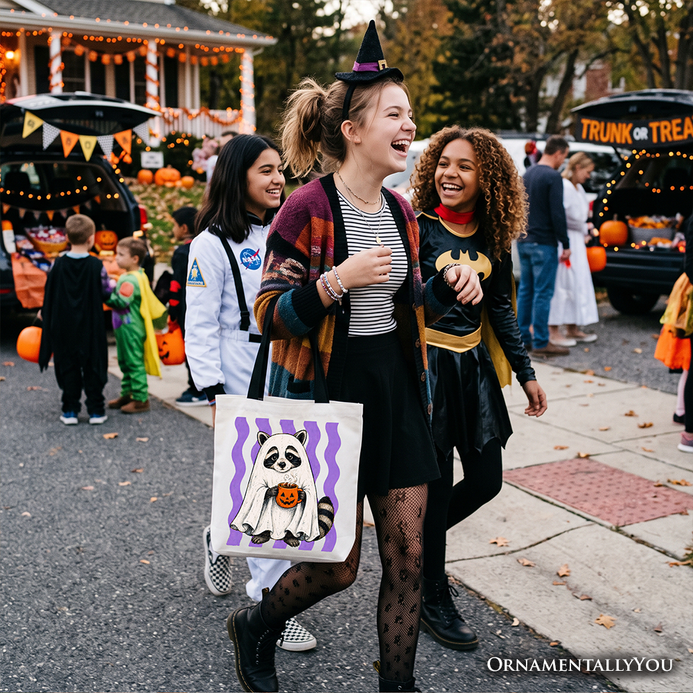 Ghost Costume Raccoon Tote Bag, Halloween Pumpkin Coffee Mug Gift Shopper