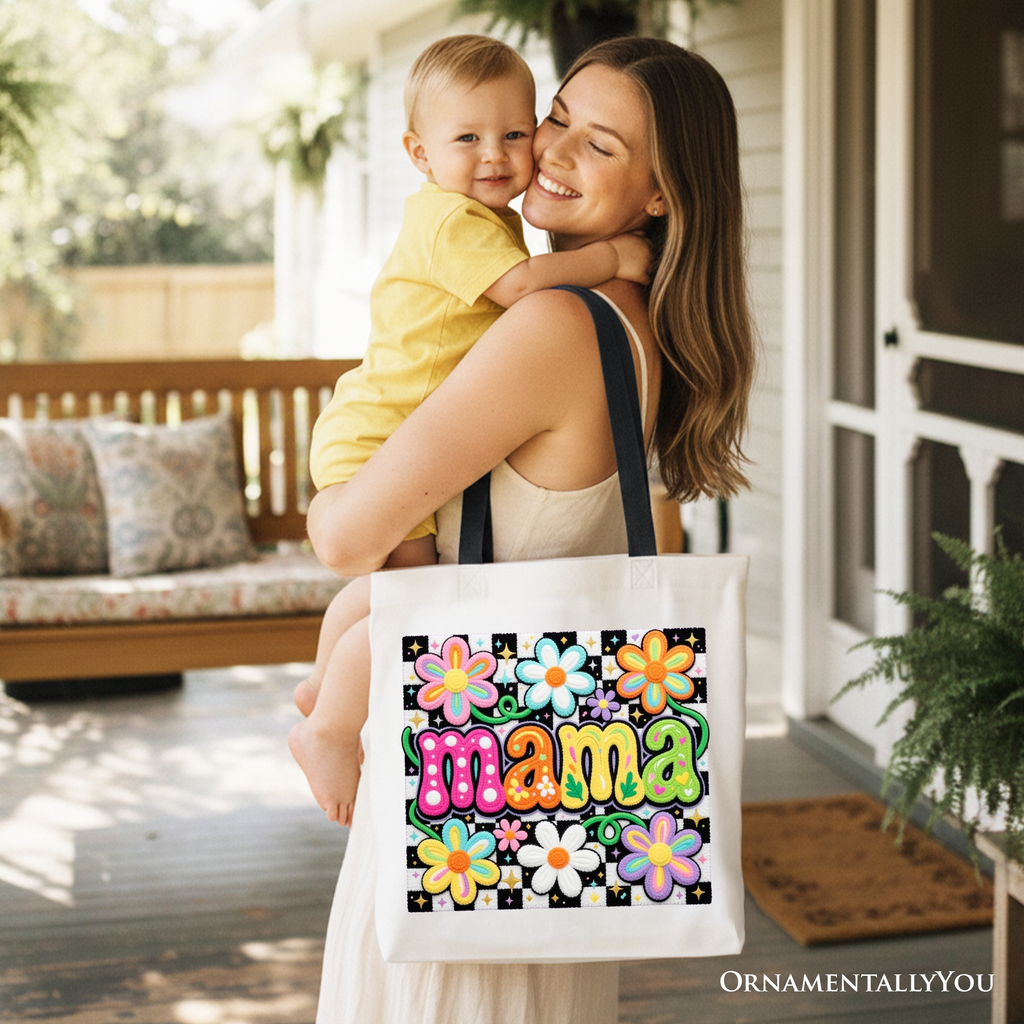Retro Floral Mama Tote Bag – Colorful Mother's Day Gift Shopper
