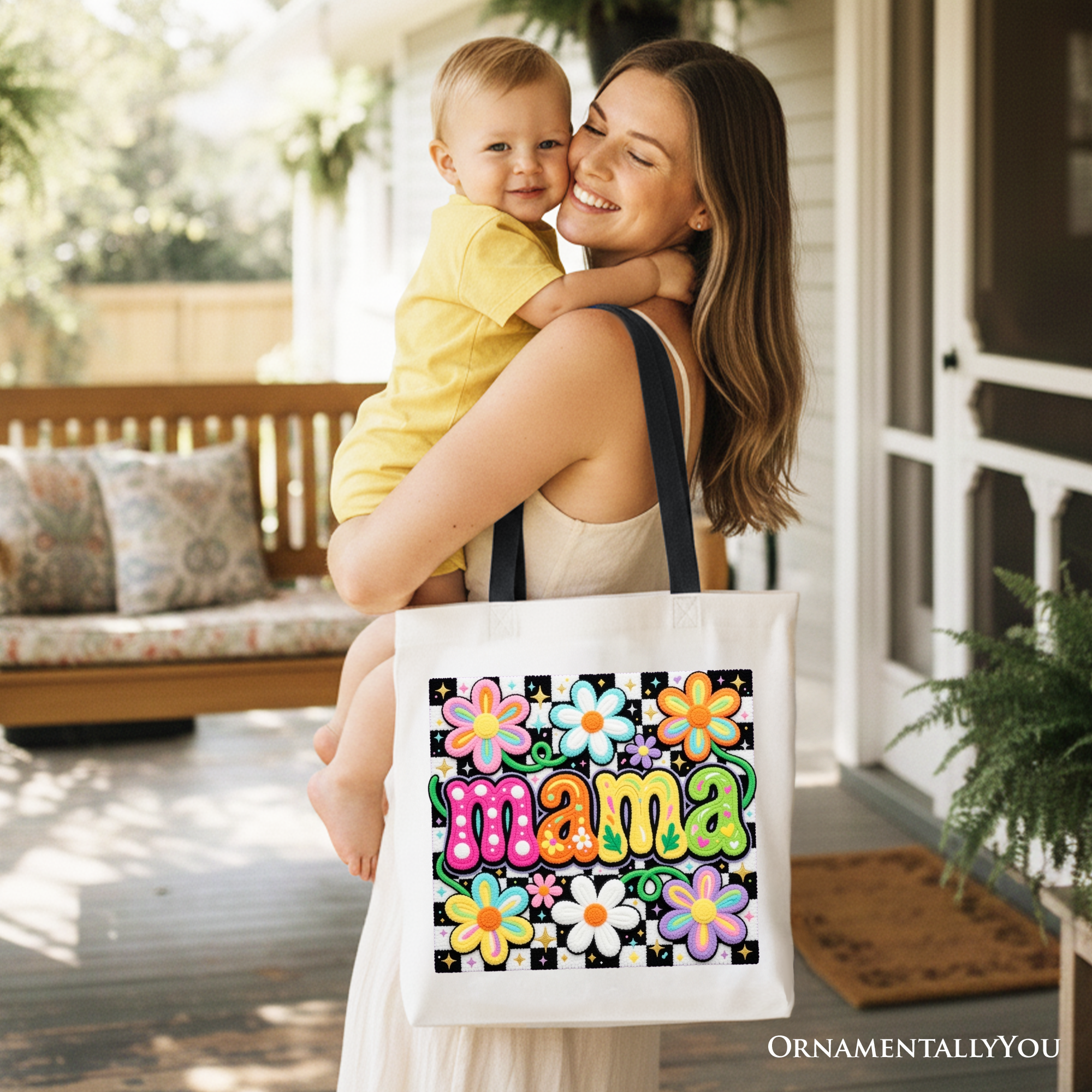 Retro Floral Mama Tote Bag – Colorful Mother's Day Gift Shopper