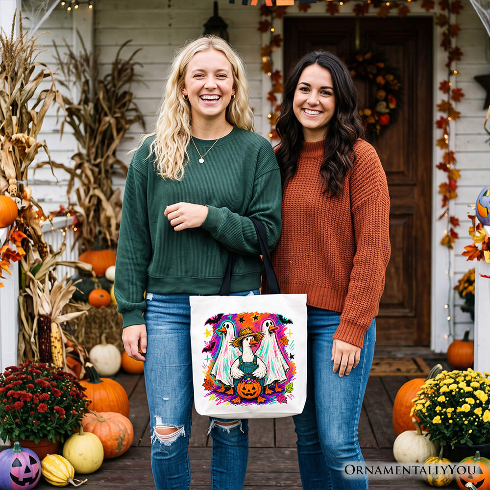 Trick or Treat Geese Tote Bag, Colorful Halloween Ghost Costume Gift Shopper