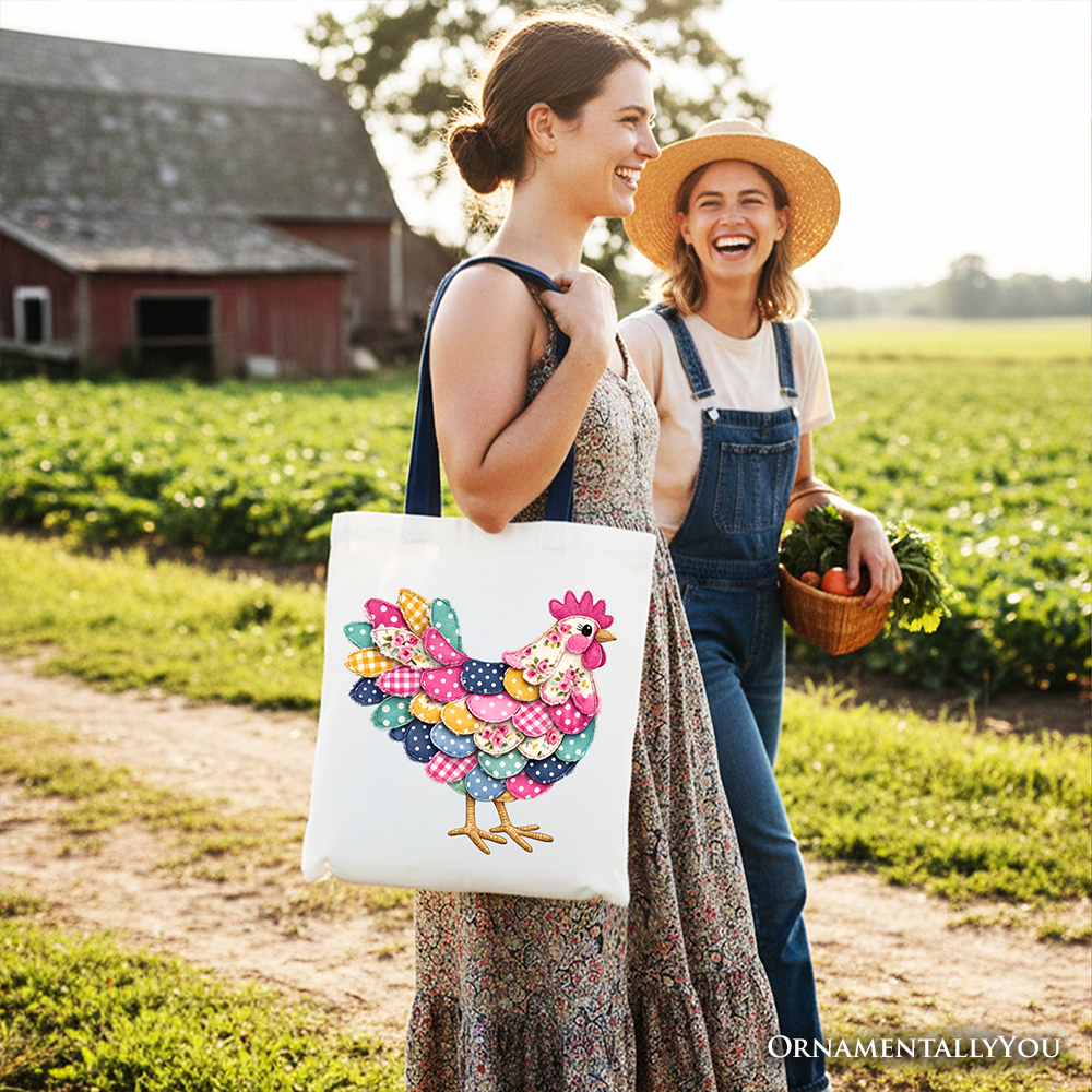 Floral Chicken Faux Patchwork Tote Bag, Coquette Farmhouse Gift