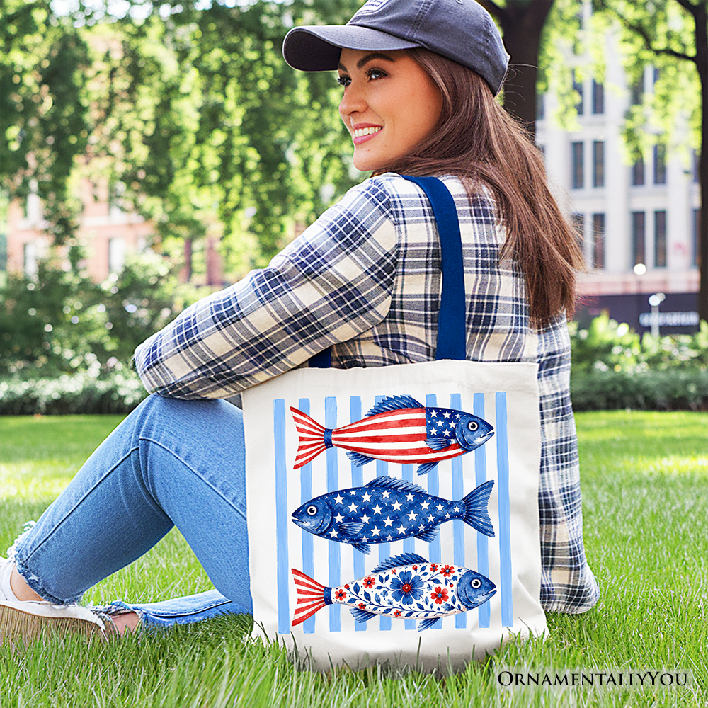 Patriotic Fish Striped Tote Bag - 4th of July Beach Shopper