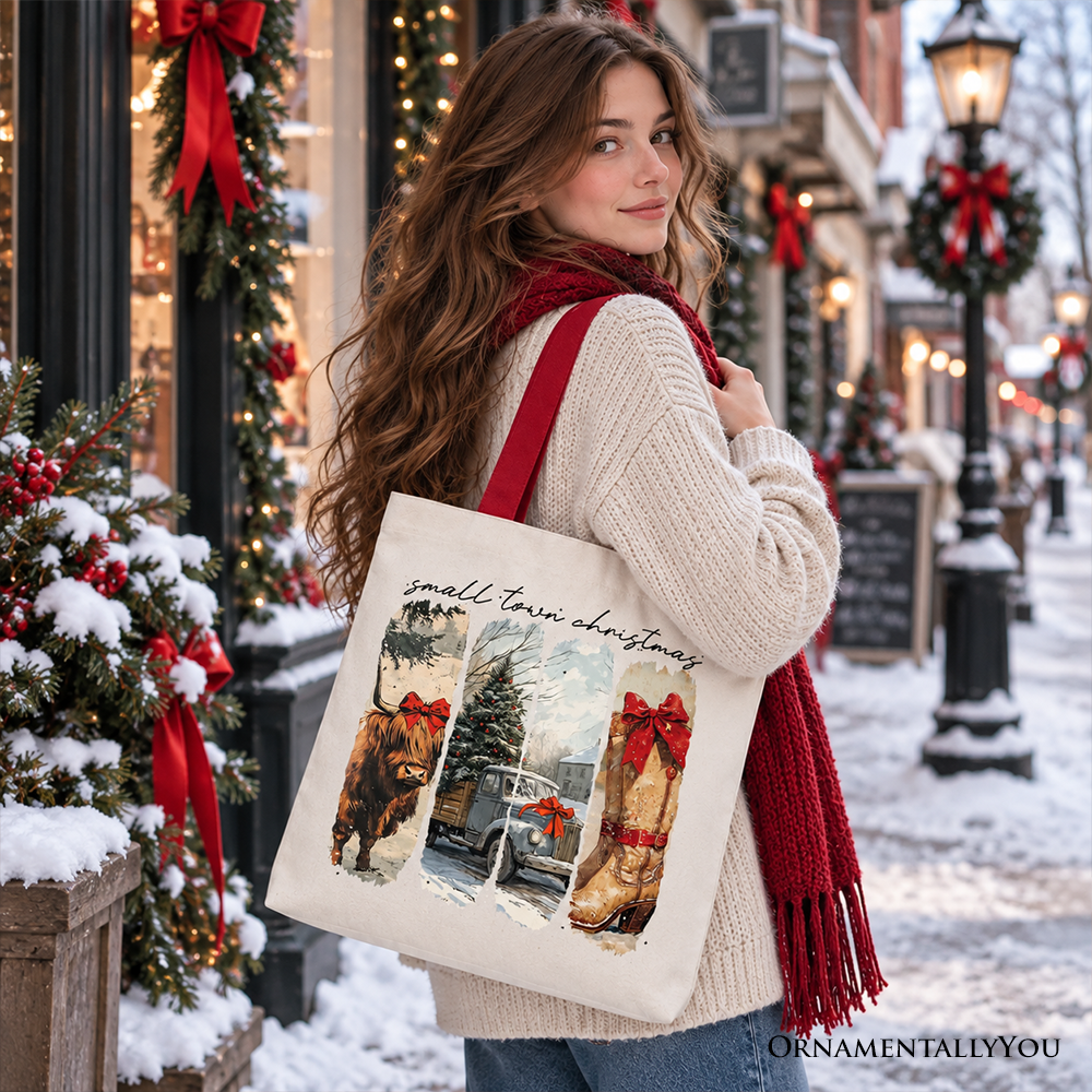 Small Town Christmas Tote Bag, Highland Cow Rustic Western Cowgirl Holiday Gift Shopper