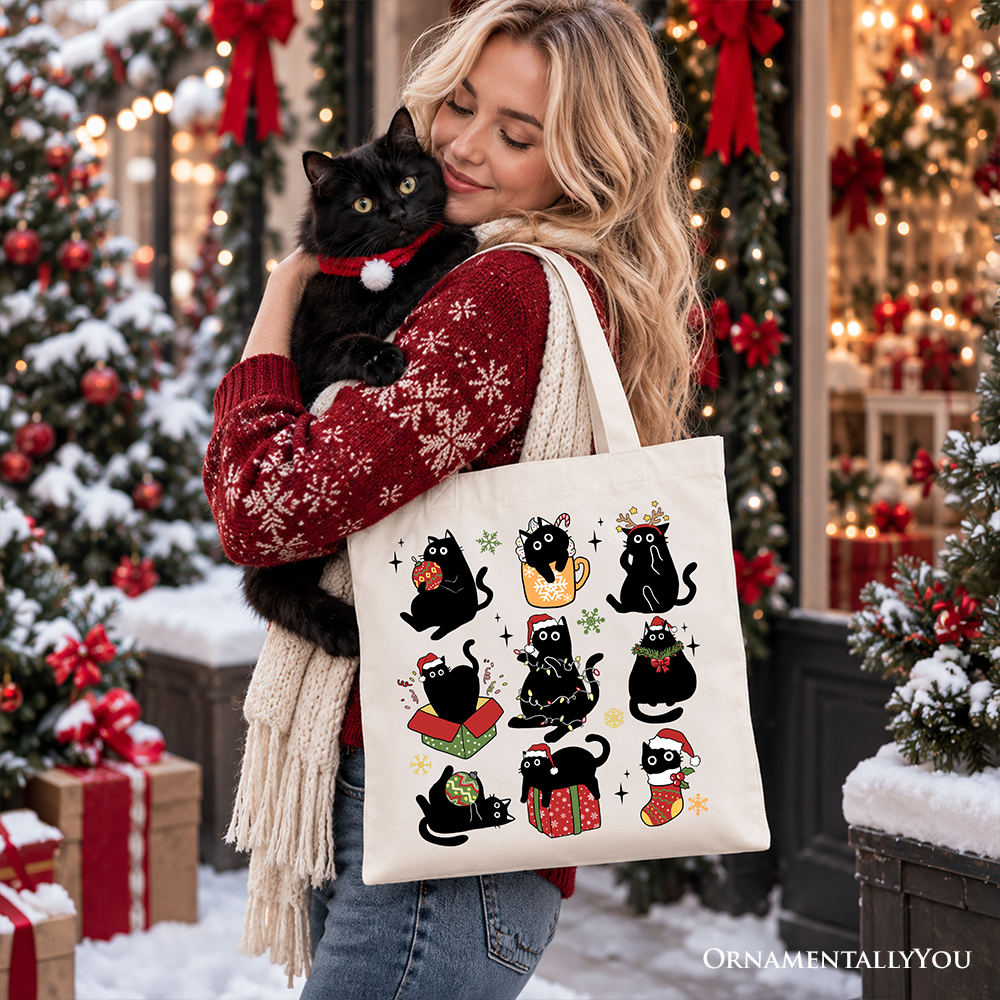 Christmas Black Cats Tote Bag, Whimsical Cats with Santa Hat Gift Shopper