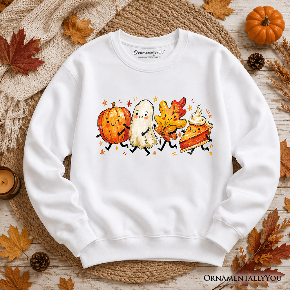 Cute Fall Characters Sweatshirt, Pumpkin Ghost Leaf Pie Autumn Sweater