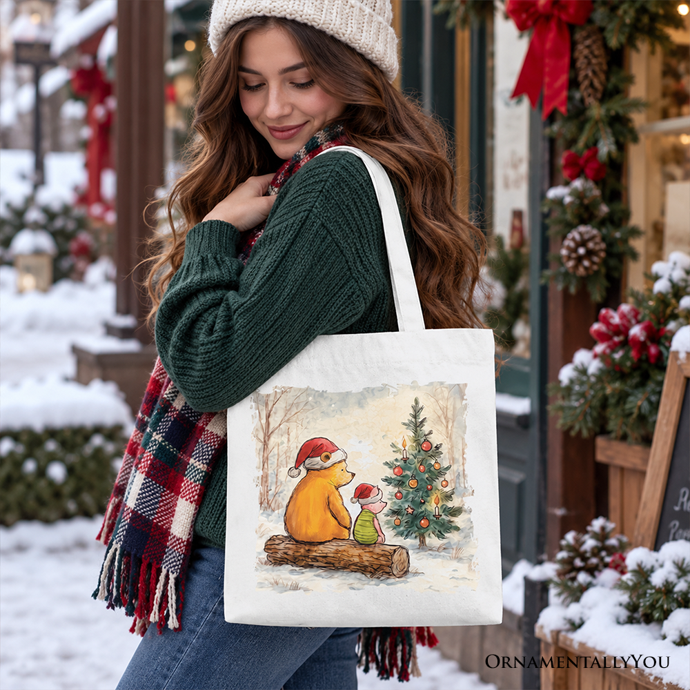 Winnie-the-Pooh Christmas With Friends Tote Bag, 1926 A.A. Milne Cozy Heartwarming Holiday Gift Shopper