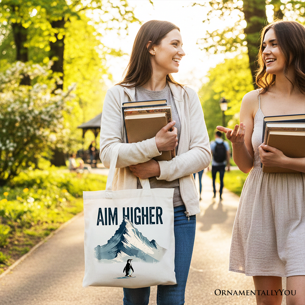 Aim Higher Penguin Tote Bag, Vintage Motivational Canvas Shopper