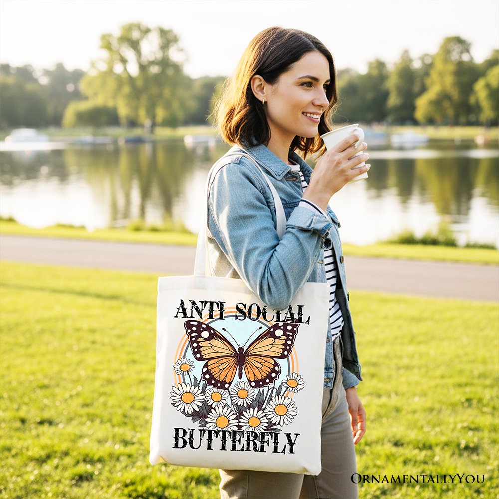 Anti Social Butterfly Canvas Tote Bag - Retro Quirky Gift Shopper