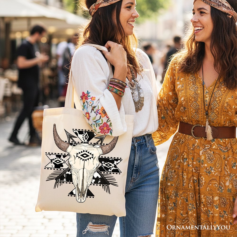 Aztec Tribal Bull Skull Canvas Tote Bag, Western Boho Shopper