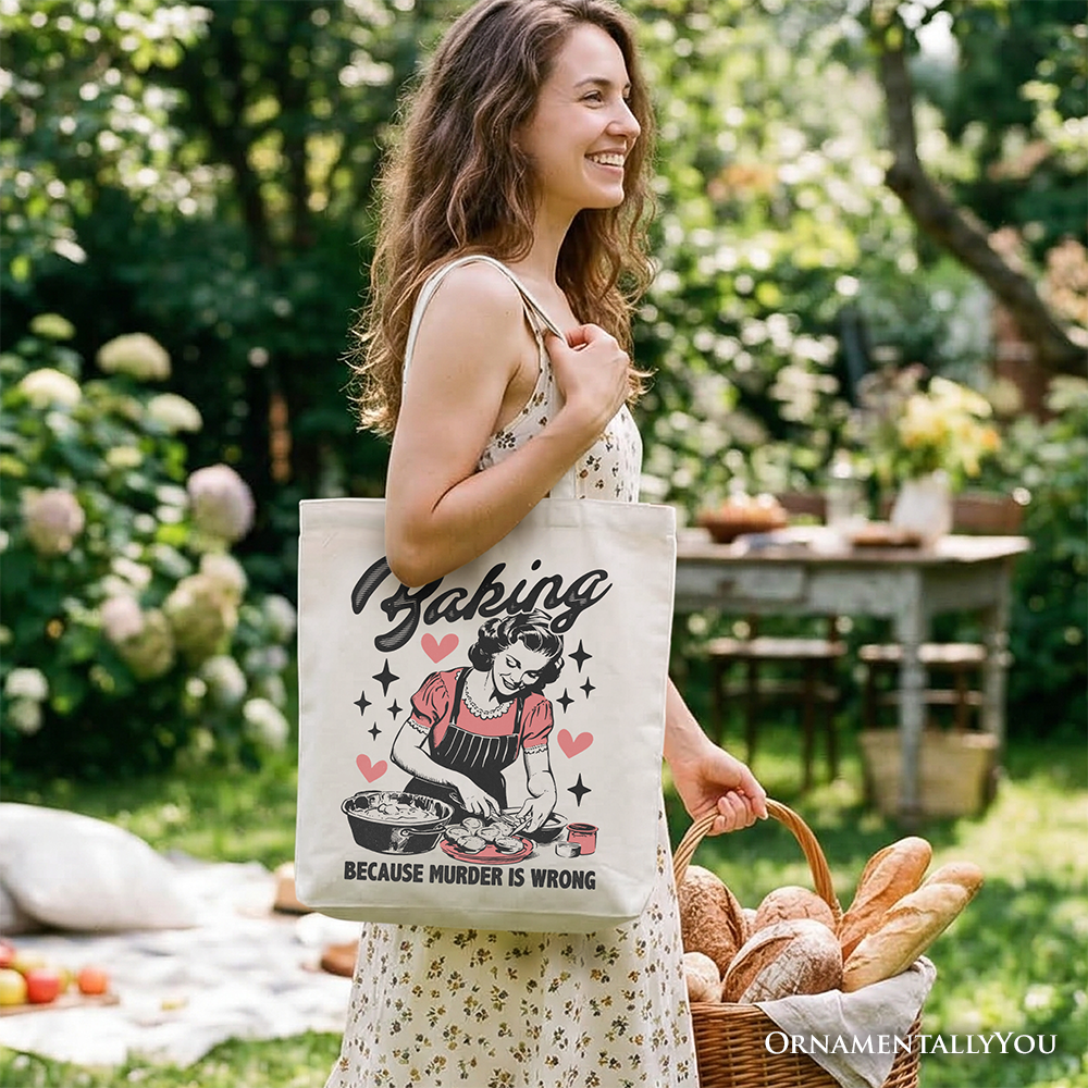 Baking Because Murder Is Wrong Funny Retro Cotton Tote Bag