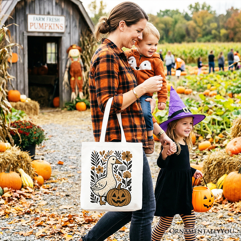 Boho Goose Halloween Pumpkin Tote Bag, Spooky Fall Floral Shopper