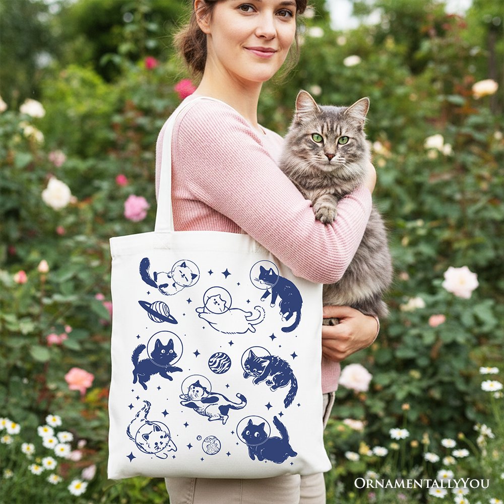 Cats in Space Retro Canvas Tote Bag - Funny Astronaut Kitty Gift
