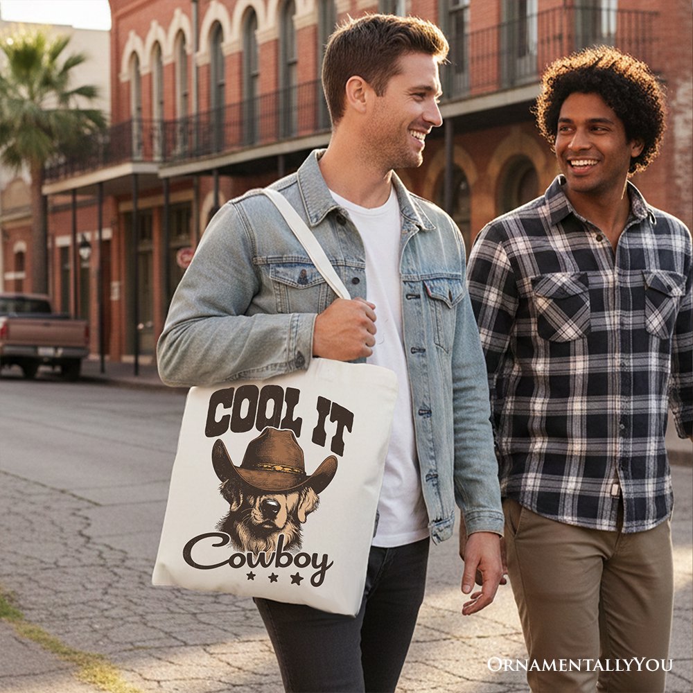 Cool It Cowboy Golden Retriever Canvas Tote Bag, Western Shopper