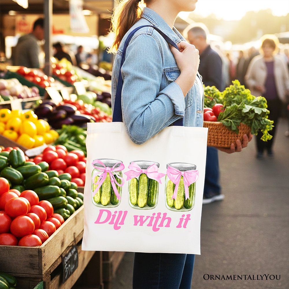 Coquette Pickle Tote Bag with Pink Bow, Funny Canvas Shopper