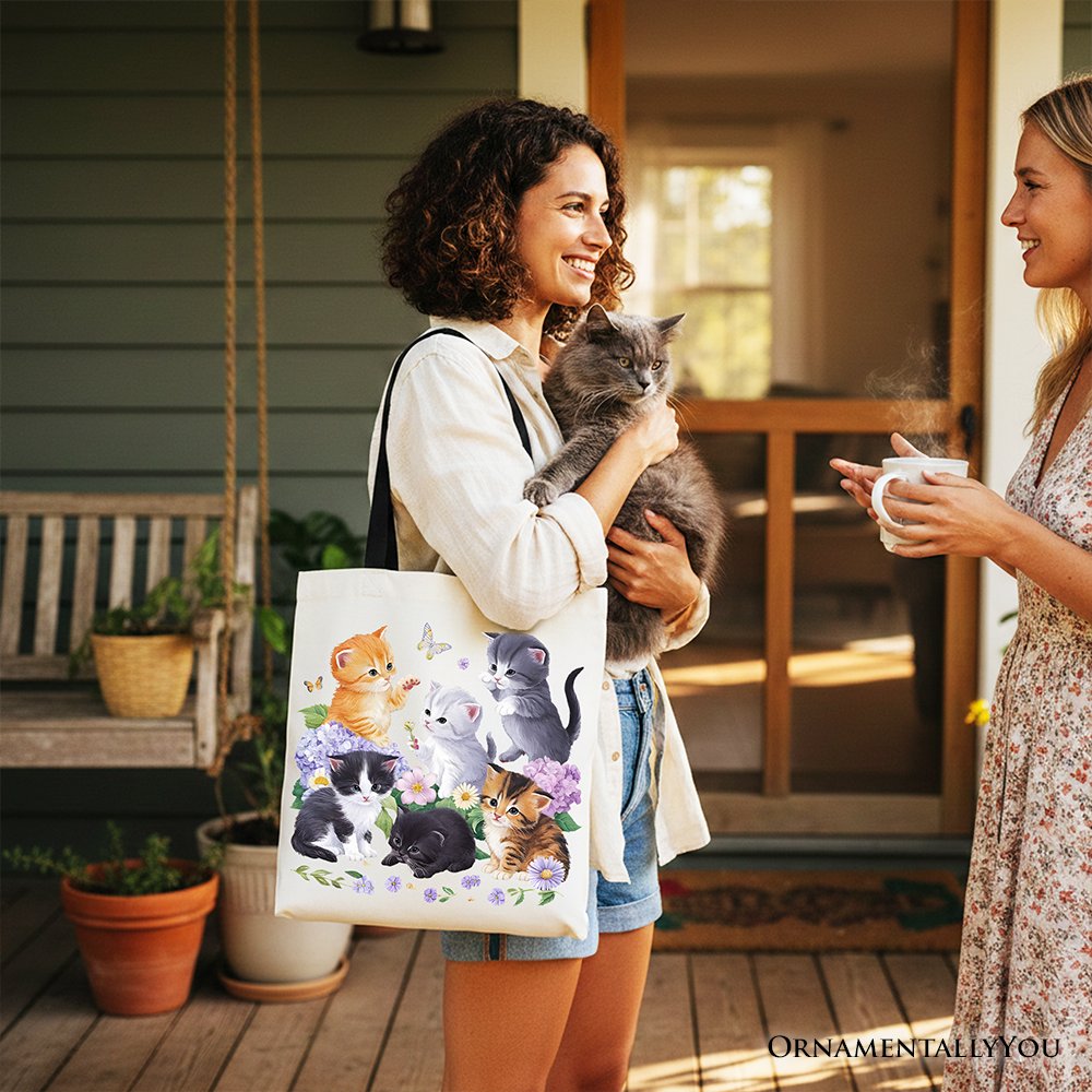 Cute Baby Cats Wildflower Tote Bag, Cottagecore Botanical Cat Gift Shopper