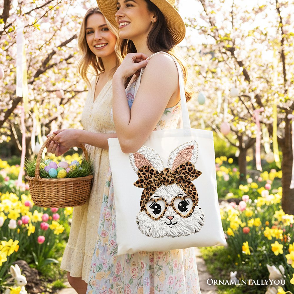 Easter Bunny Leopard Bow Tote Bag, Coquette Faux Embroidery Shopper