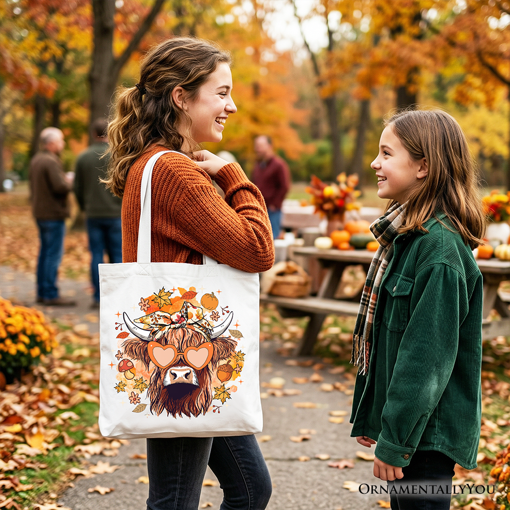 Fall Highland Cow Messy Bun Howdy Autumn Canvas Tote Bag