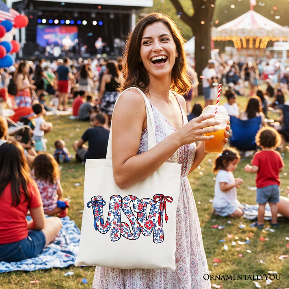 Floral USA Patriotic Canvas Tote Bag - Red, White and Blue Shopper