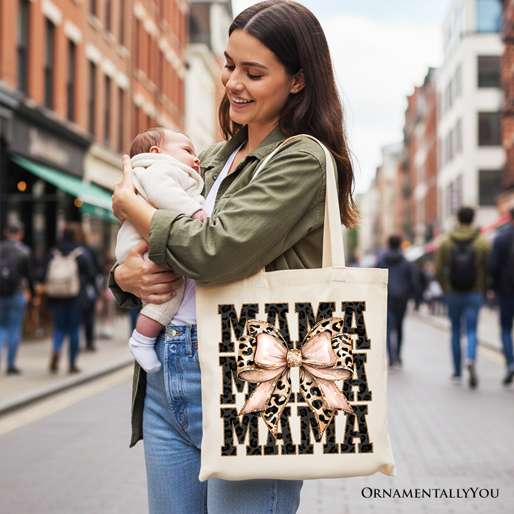 Glitter Leopard Mama Tote Bag with Coquette Bow for Trendy Moms