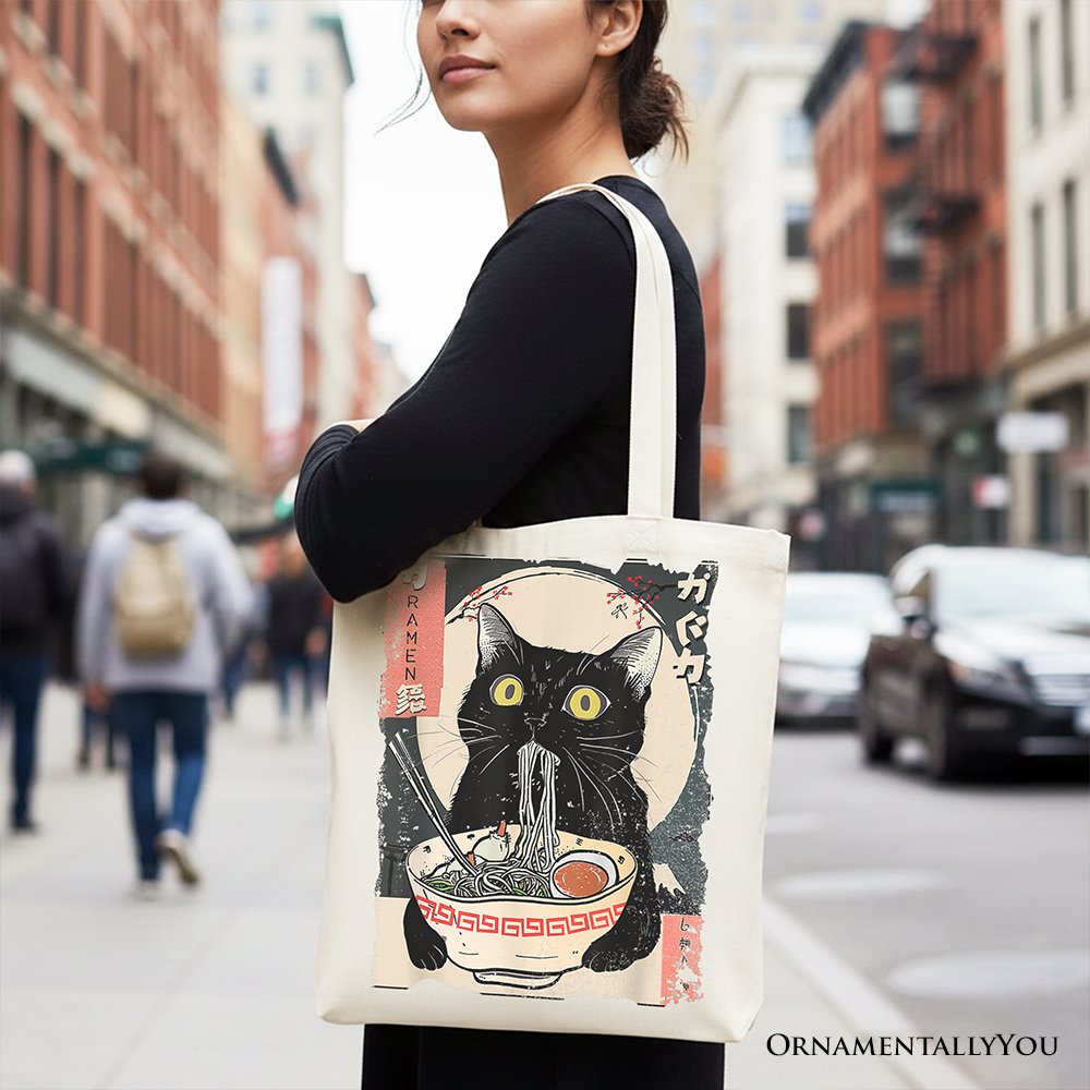Kawaii Anime Cat Ramen Canvas Tote Bag Japanese Style Shopper