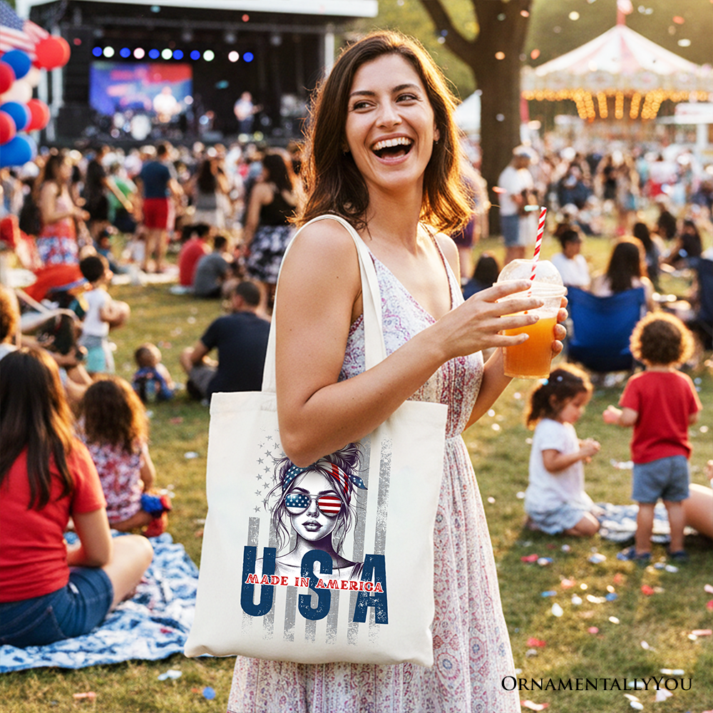 Messy Bun Patriotic Tote Bag Retro 4th of July White Shopper