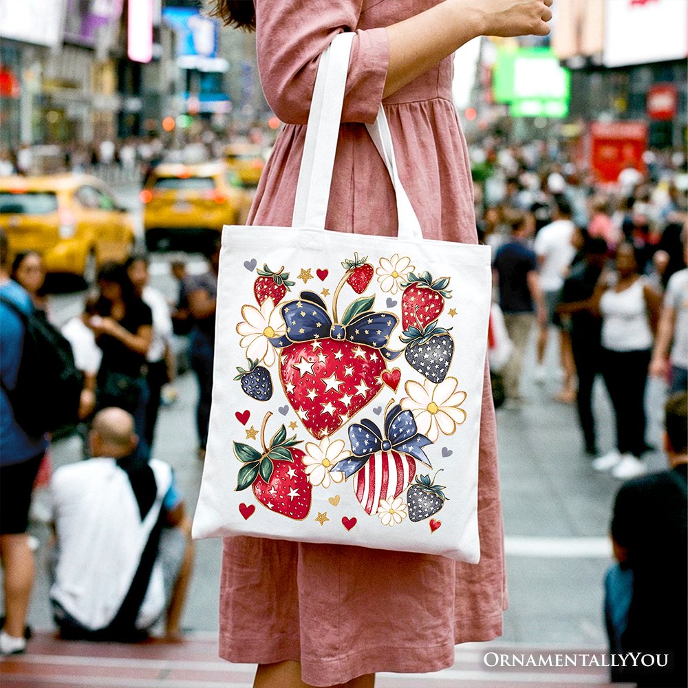 Patriotic Strawberry Floral Canvas Tote, Festive Boho Shopper