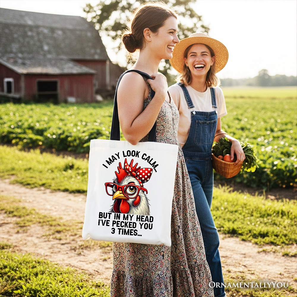 Sassy Chicken Tote Bag with Red Glasses and Bow Graphic