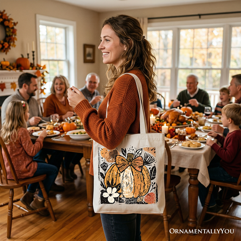 Pumpkin Fall Floral Tote Bag, Thanksgiving Coquette Bow Shopper