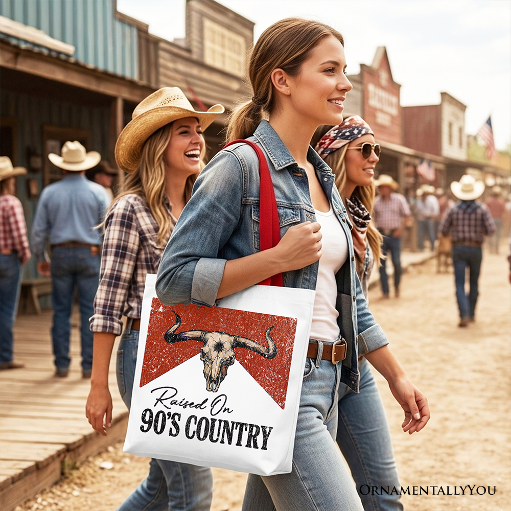 Raised On 90s Country Tote Bag, Vintage Bull Skull Shopper