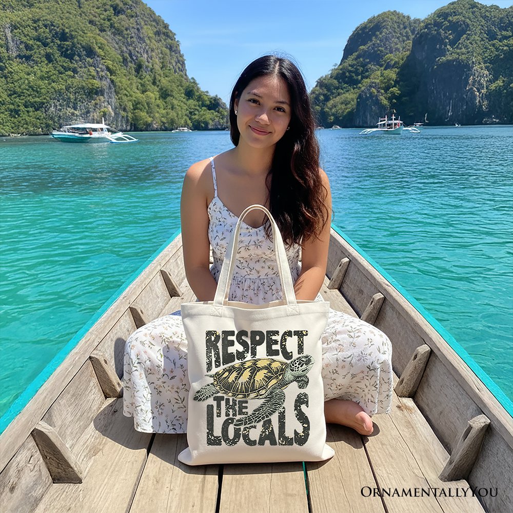 Respect the Locals Sea Turtle Canvas Tote Bag, Coastal Beach Tote