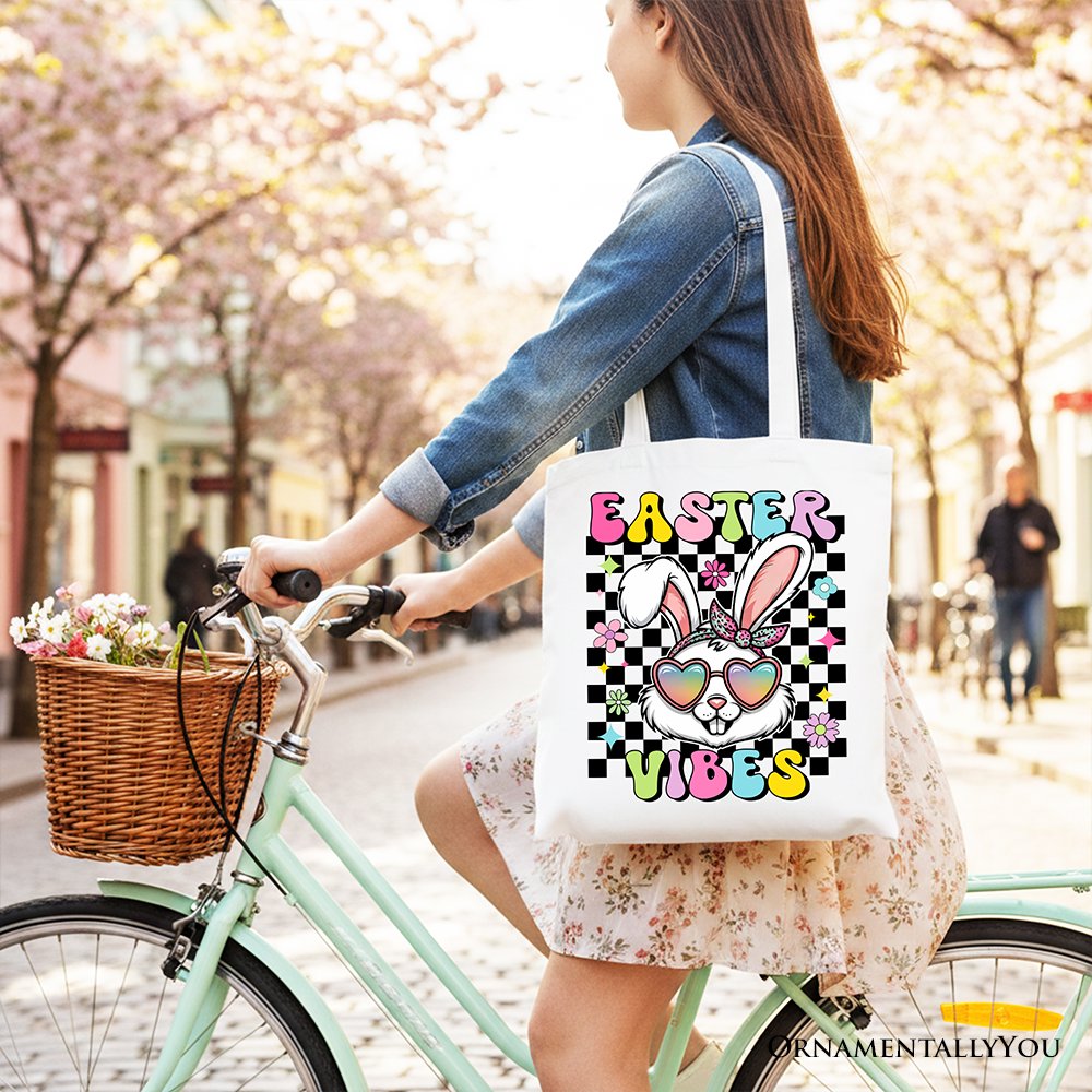 Retro Easter Bunny Sunglasses Tote Bag, Colorful Checkered Shopper