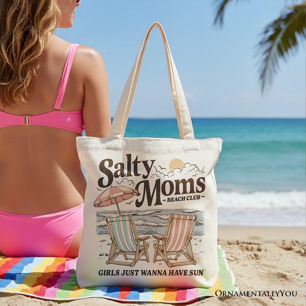 Salty Moms Beach Club Canvas Tote Bag, Retro Summer Shopper
