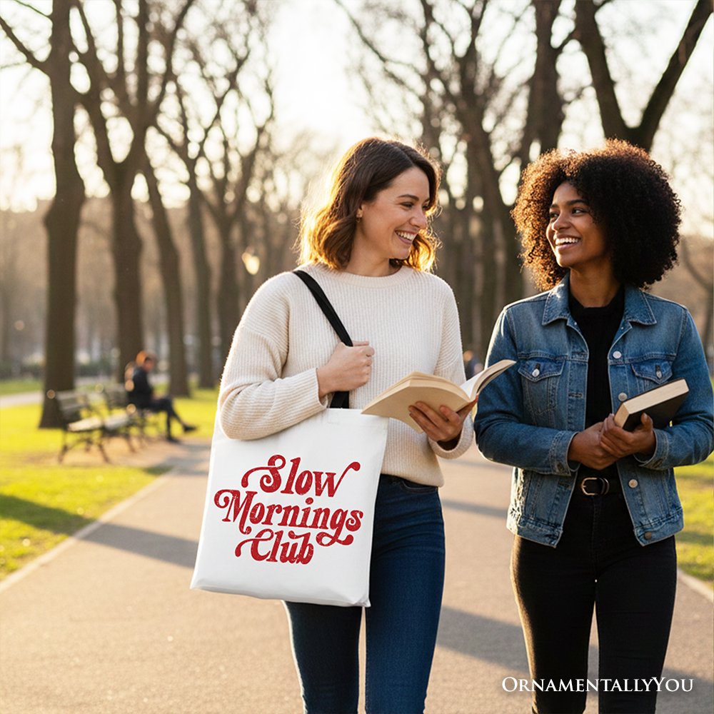 Slow Mornings Club Canvas Tote Bag, Minimalist Vintage Shopper