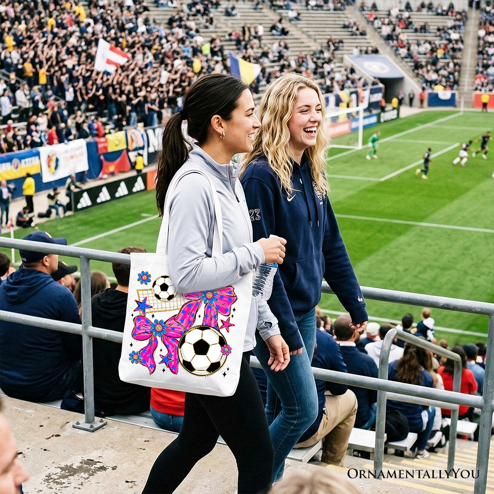 Soccer Coquette Pink Bow Tote Bag, Preppy Game Day Shopper