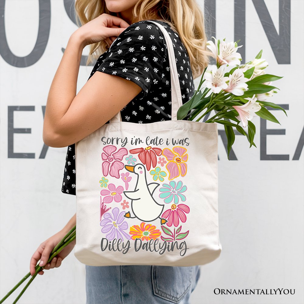 Dilly Dallying Goose Floral Canvas Tote Bag, Whimsical Gift
