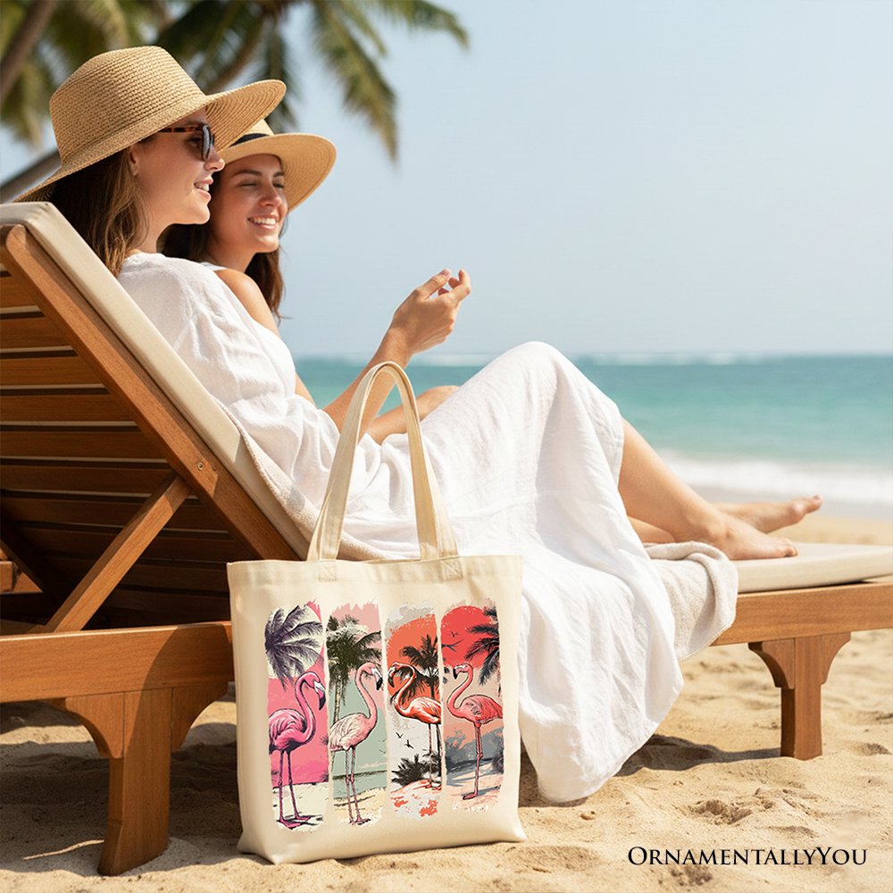 Summer Flamingo Beach Tote Bag, Tropical Sunset Retro Shopper