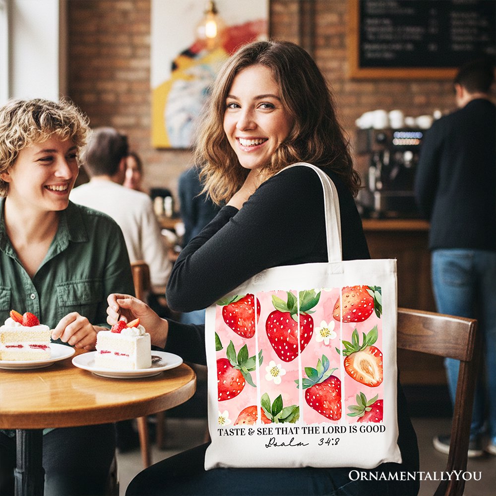 Taste and See Christian Faith Canvas Tote - Pink Strawberry Shopper