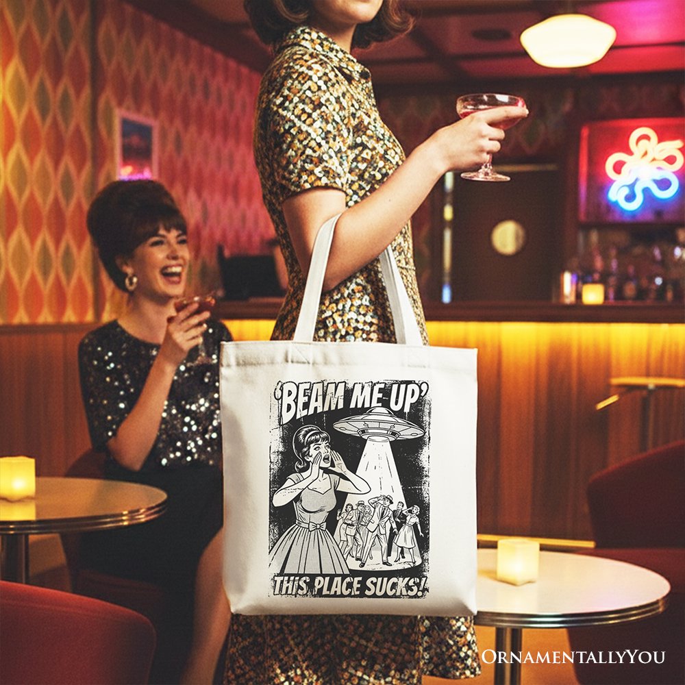 UFO Beam Me Up This Place Sucks Retro Canvas Tote Bag, Alien Gift