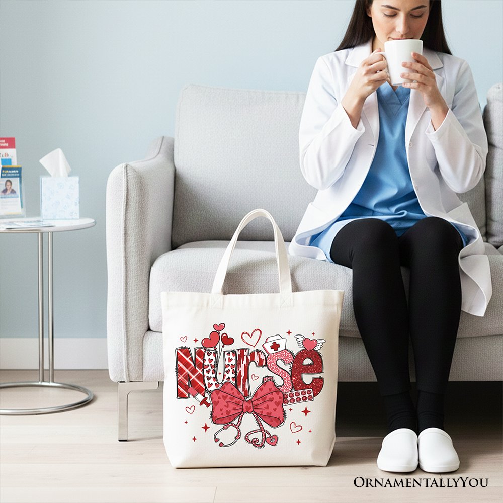 Valentine Nurse Coquette Bow Canvas Tote Bag, Romantic Work Shopper