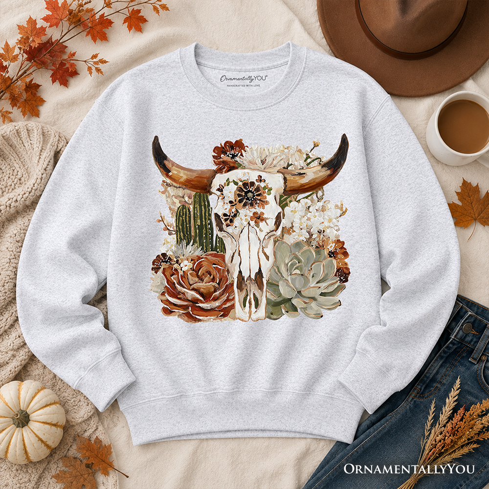 Boho Floral Cow Skull Sweatshirt, Western Autumn Cowgirl Sweater