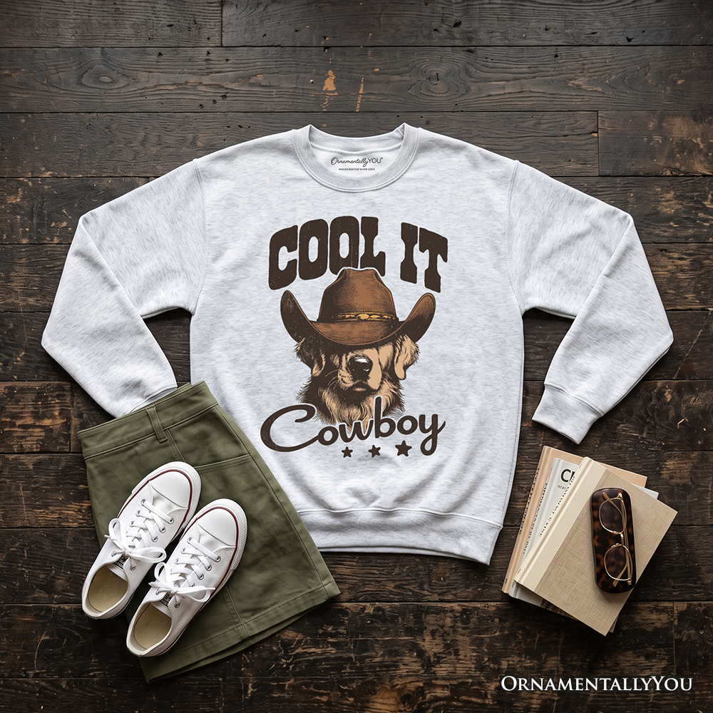 Cool It Cowboy Sweatshirt With Western Dog, Retro Golden Retriever White and Natural Sweater for Country Lover