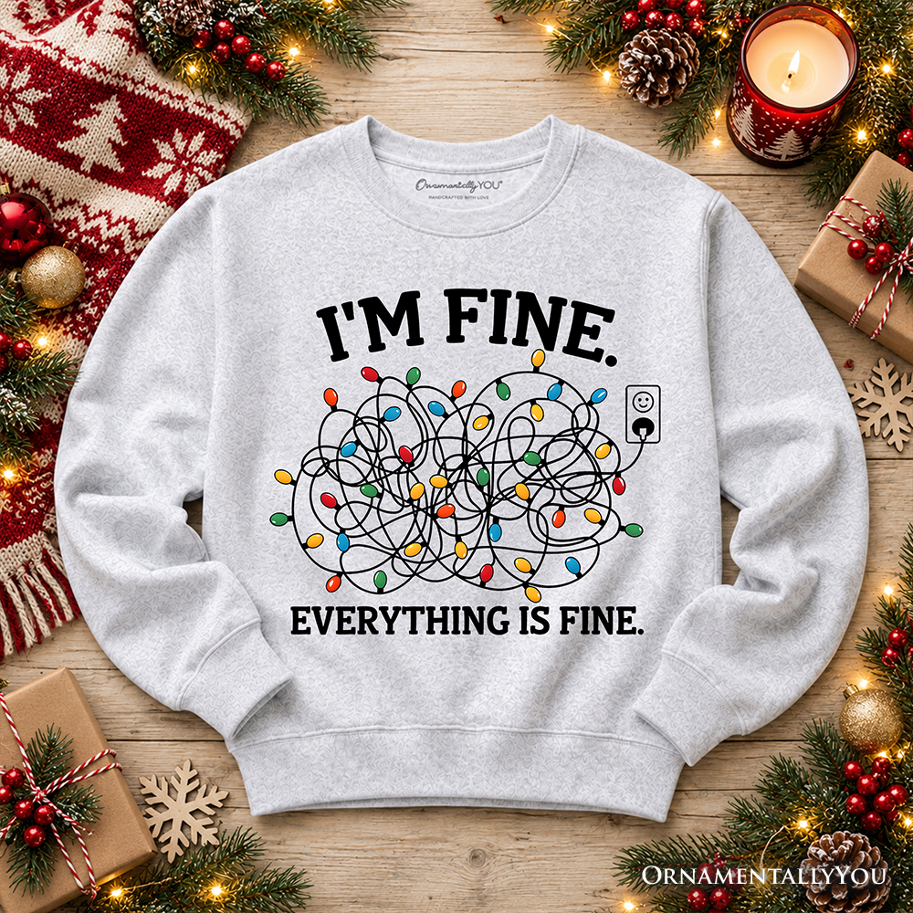 I'm Fine Christmas Lights Sweatshirt, Funny Holiday Humor Sweater for Stressed Festive People