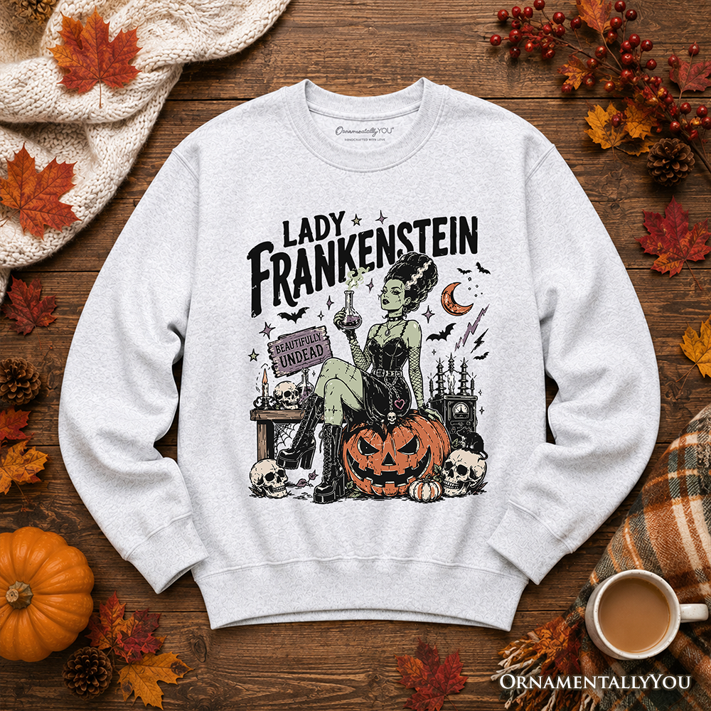 Lady Frankenstein Sweatshirt, Vintage Gothic Beautifully Undead Halloween Sweater