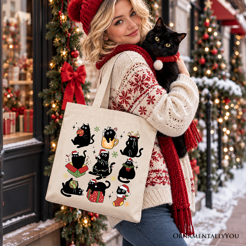 Christmas Black Cats Tote Bag, Whimsical Cats with Santa Hat Gift Shopper
