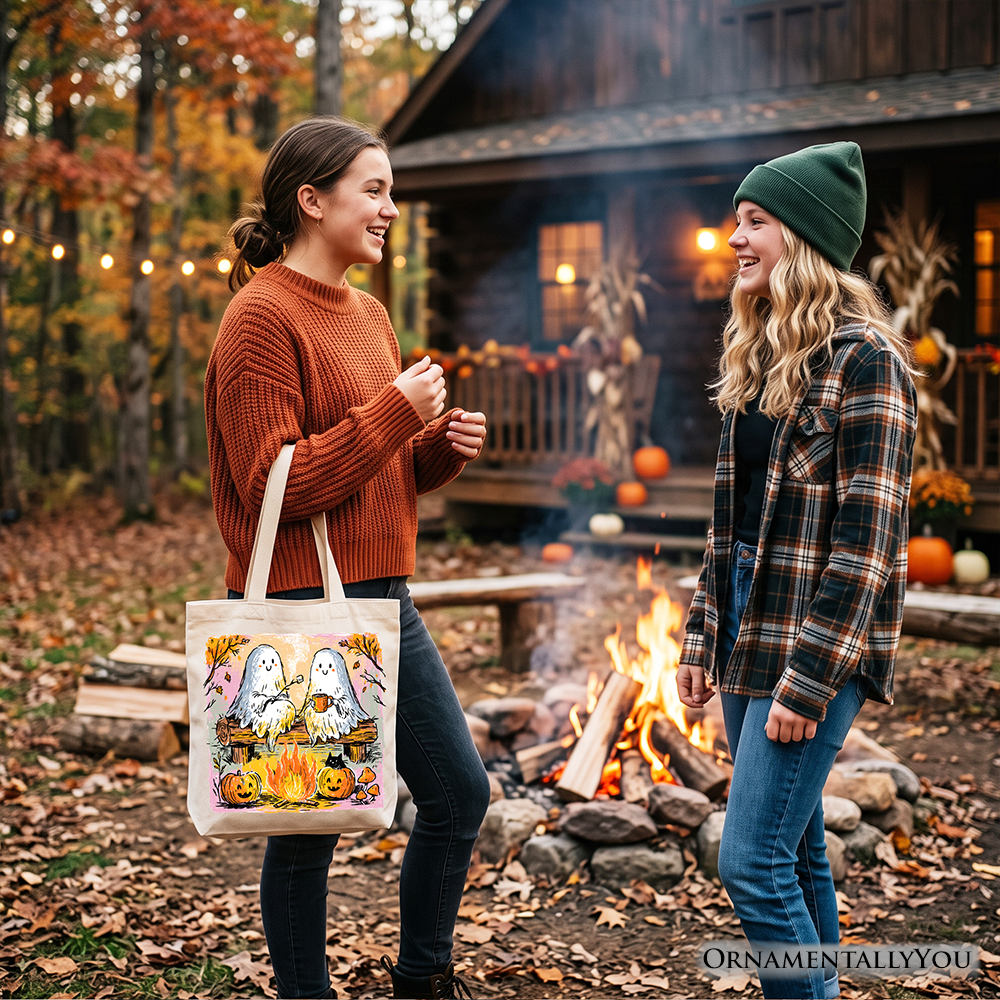 Cozy Campfire Ghosts Tote Bag, Fall Halloween Pumpkin Gift Shopper