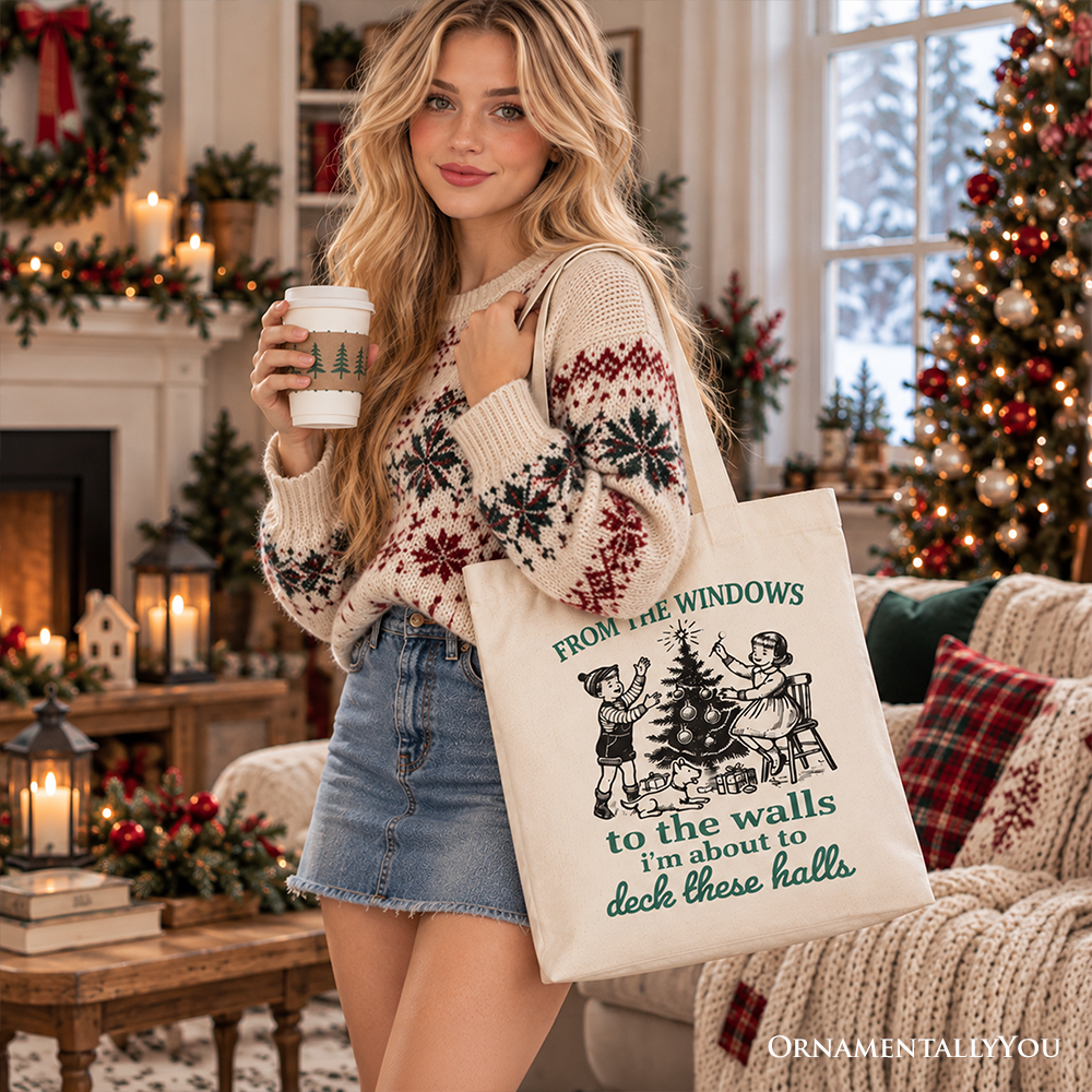 From the Windows to the Walls Deck These Halls Tote Bag, Funny Vintage Christmas Gift Shopper