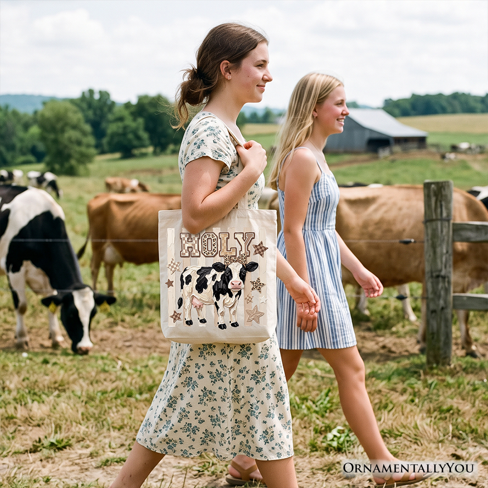 Holy Cow Coquette Tote Bag, Leopard Bow Farm Animal Gift Shopper