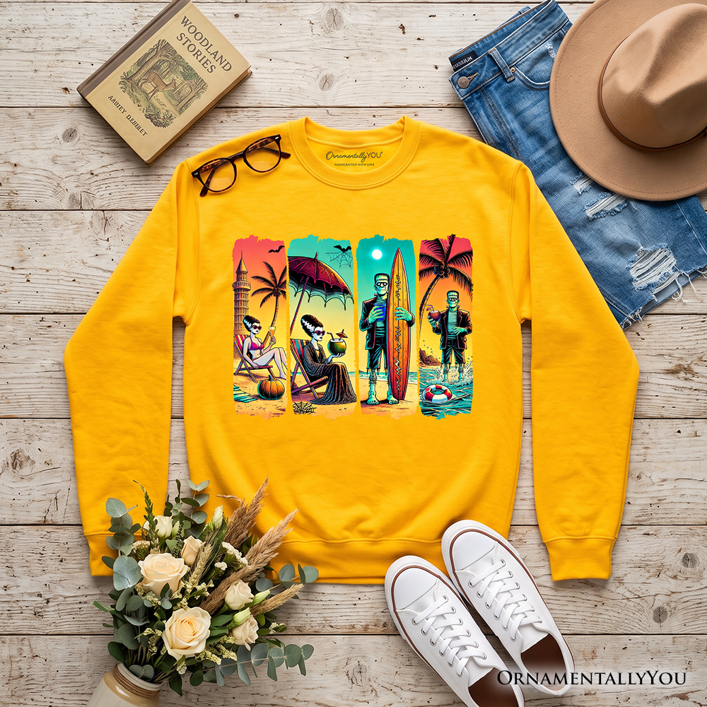 Frankenstein's Beach Vacation Sweatshirt, Retro Neon Surf Style Sweater for Horror Fans with Summer Vibes